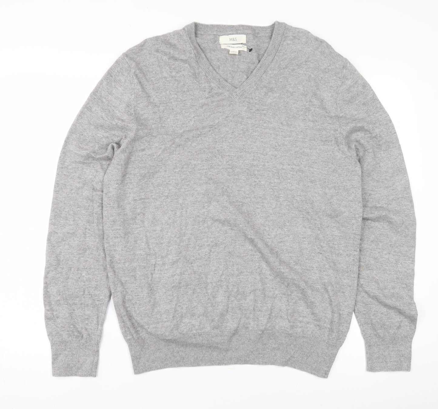 Marks and Spencer Men's Grey V-Neck Cotton Pullover L