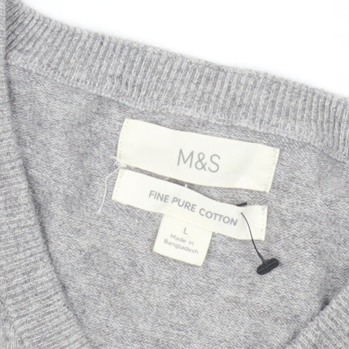 Marks and Spencer Men's Grey V-Neck Cotton Pullover L