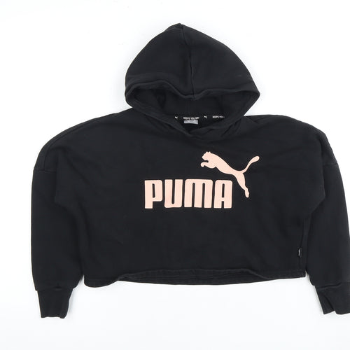 Puma Girls Black Hoodie Logo Pullover 11-12 Years Casual