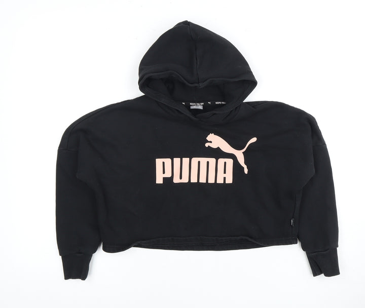 Puma Girls Black Hoodie Logo Pullover 11-12 Years Casual