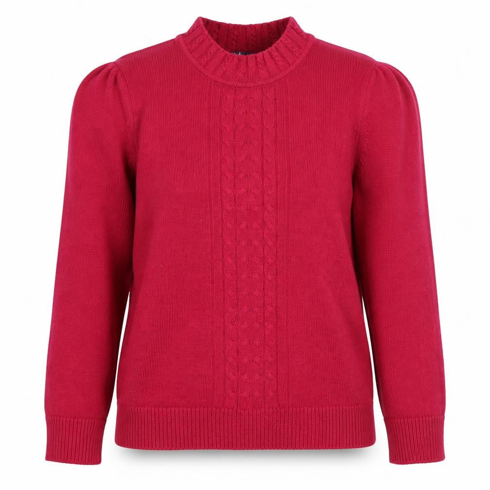 Front view of Isle Women's Red Cable-Knit Mock Neck Jumper, size S