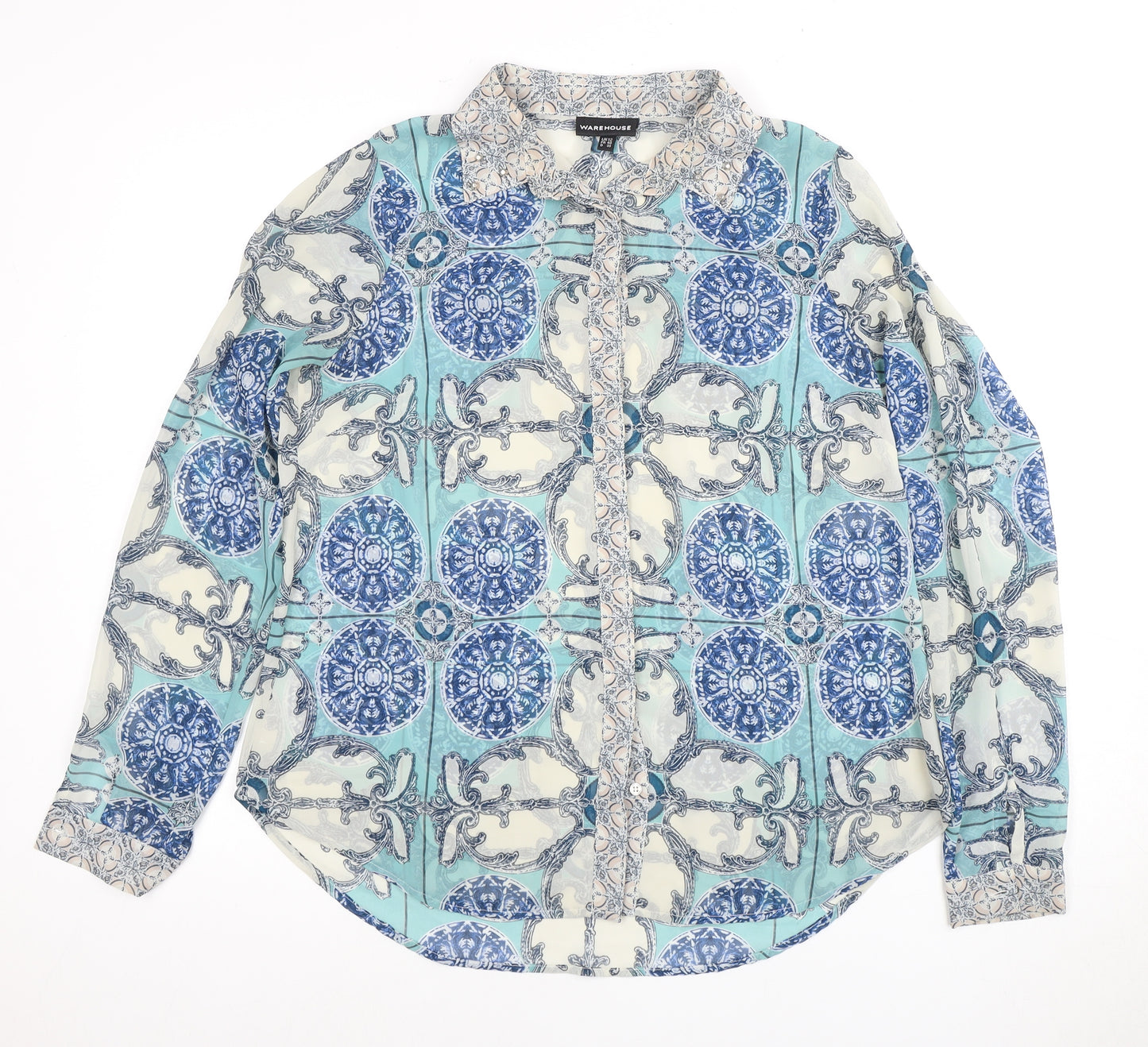 Warehouse Women's Blue Patterned Long Sleeve Blouse - Size 12