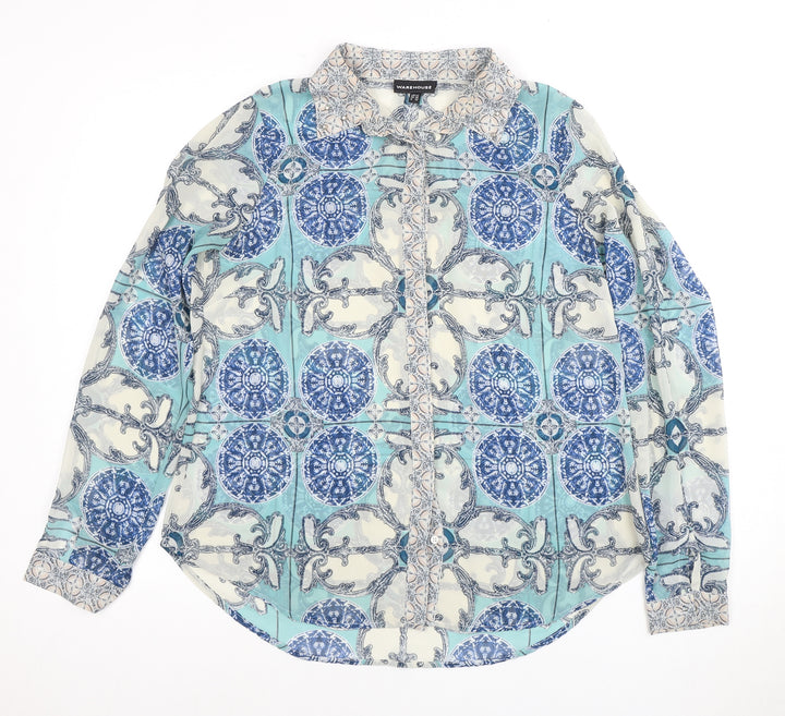 Warehouse Women's Blue Patterned Long Sleeve Blouse - Size 12