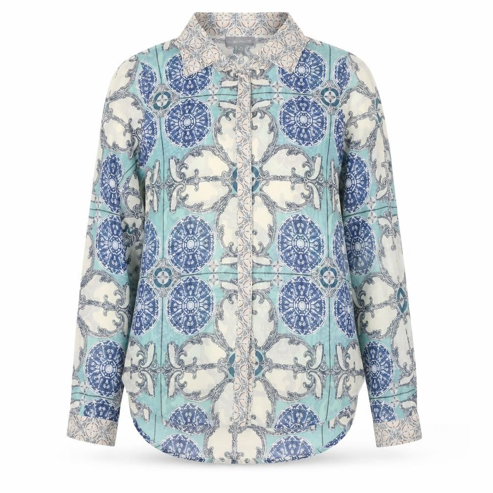 Front view of Warehouse Women's Blue Patterned Long Sleeve Blouse -, size 12