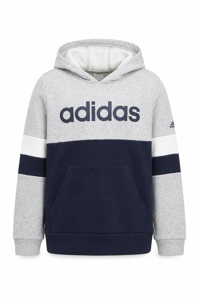 Front view of Adidas boys’ grey blue pullover hoodie - 11-12 years