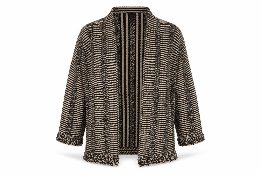 Front view of Marc Cain Women's Beige Black Open Front Cardigan, size 14, Open Striped Style