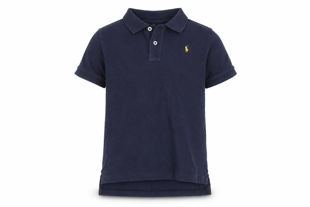 Front view of Ralph Lauren boys’ blue polo shirt, size 7, years