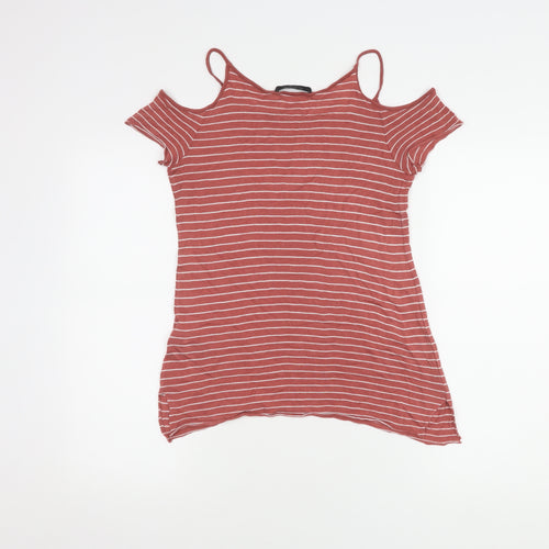 AllSaints Women's XS Red Striped Cold Shoulder Top