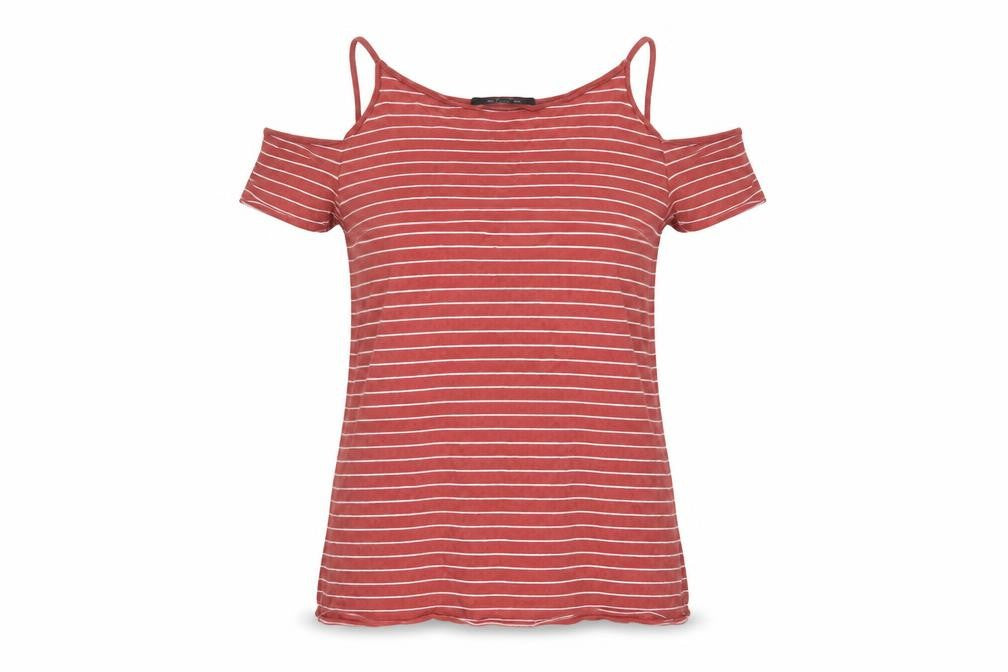 Front view of AllSaints Women's XS Red Striped Cold Shoulder Top