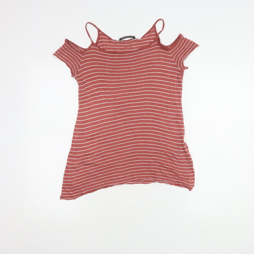 AllSaints Women's XS Red Striped Cold Shoulder Top