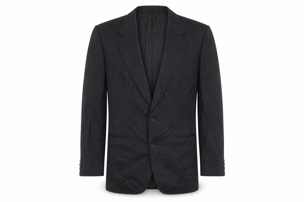 Front view of The Label Men's Grey Striped Wool Blazer - Regular Fit, 38R