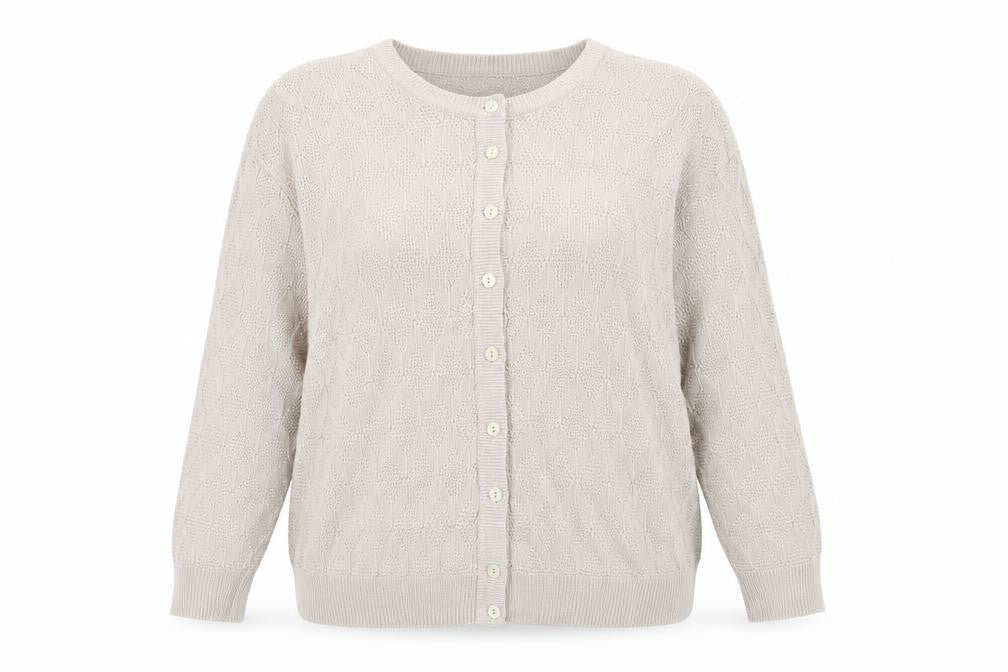Front view of St Michael women’s beige wool cardigan, size UK 20
