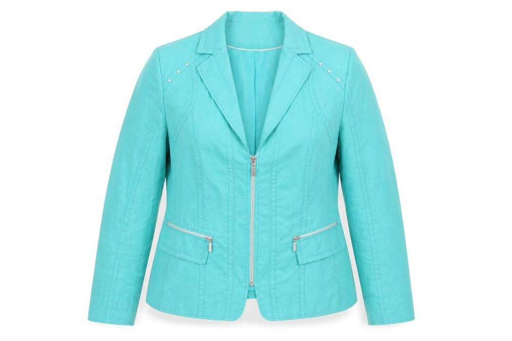 Front view of KSTN Women's Blue Blazer, size 18, with Zipped Pockets