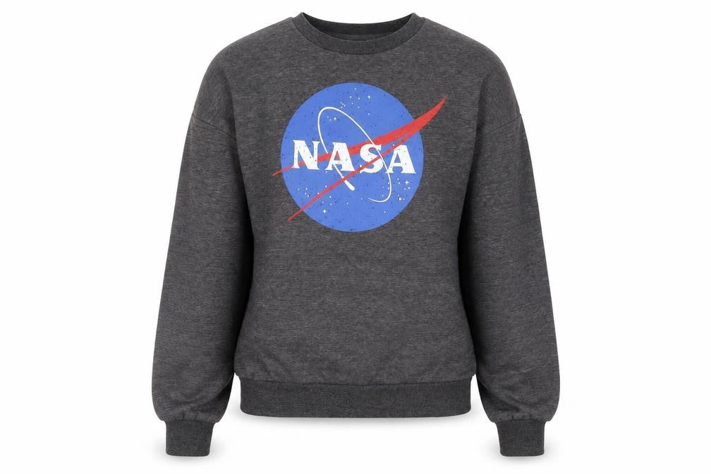 Front view of NASA Grey unisex sweatshirt, small, graphic logo, new