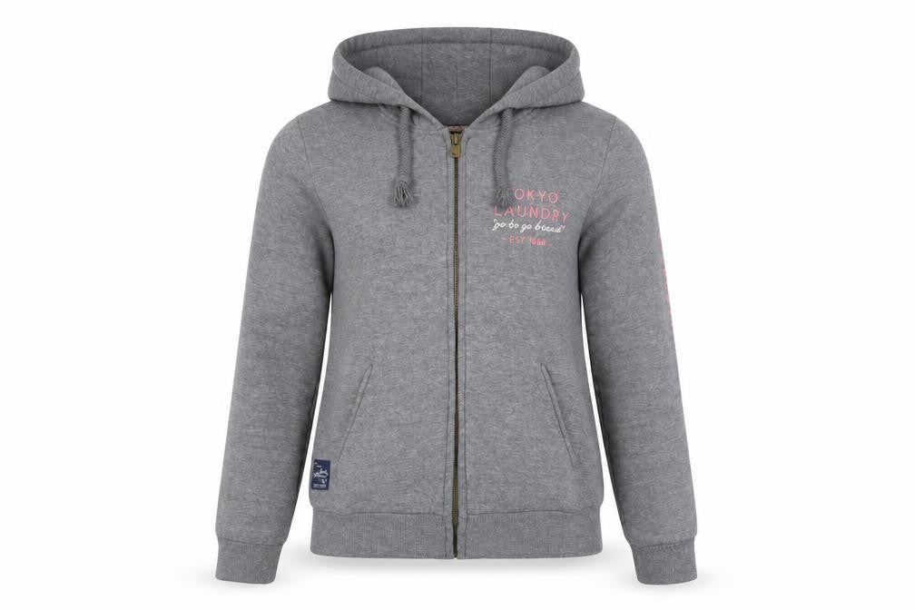 Front view of Tokyo Laundry Women's Grey Full Zip Hoodie, S, Logo Accent