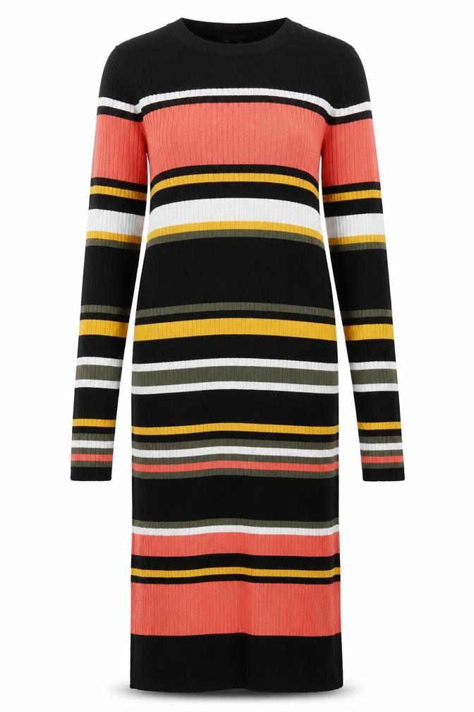 Front view of Simplicity Women's Black Multicoloured Striped Dress