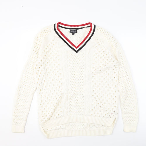 Topshop Ivory Cable-Knit V-Neck Women's Jumper Size 10