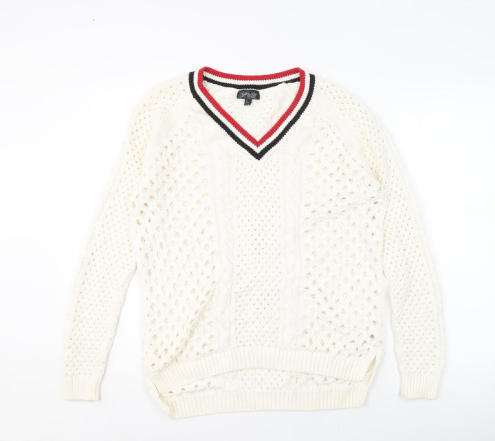 Topshop Ivory Cable-Knit V-Neck Women's Jumper Size 10