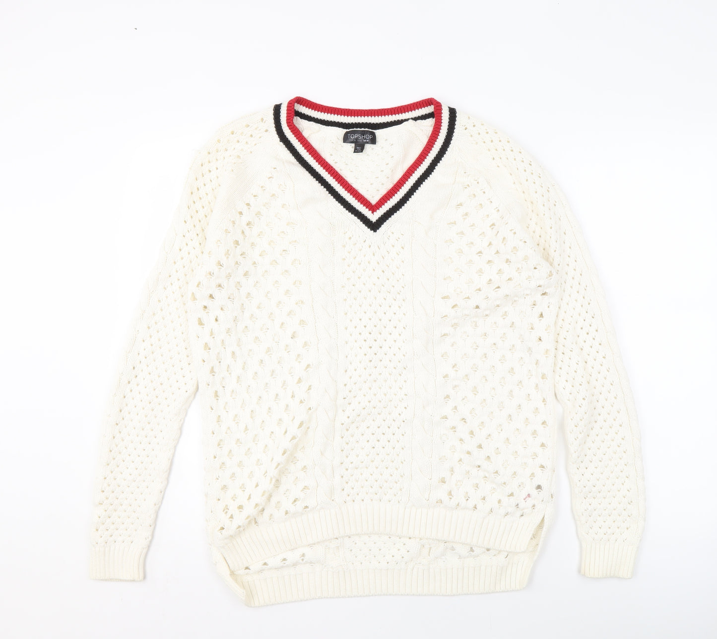 Topshop Ivory Cable-Knit V-Neck Women's Jumper Size 10