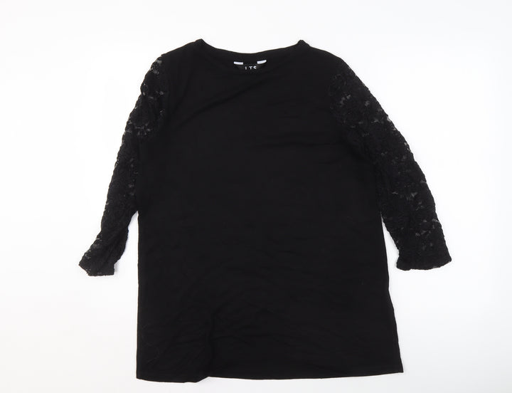 LTS Women's Black Lace Sleeve Top, Size 14, Crew Neck