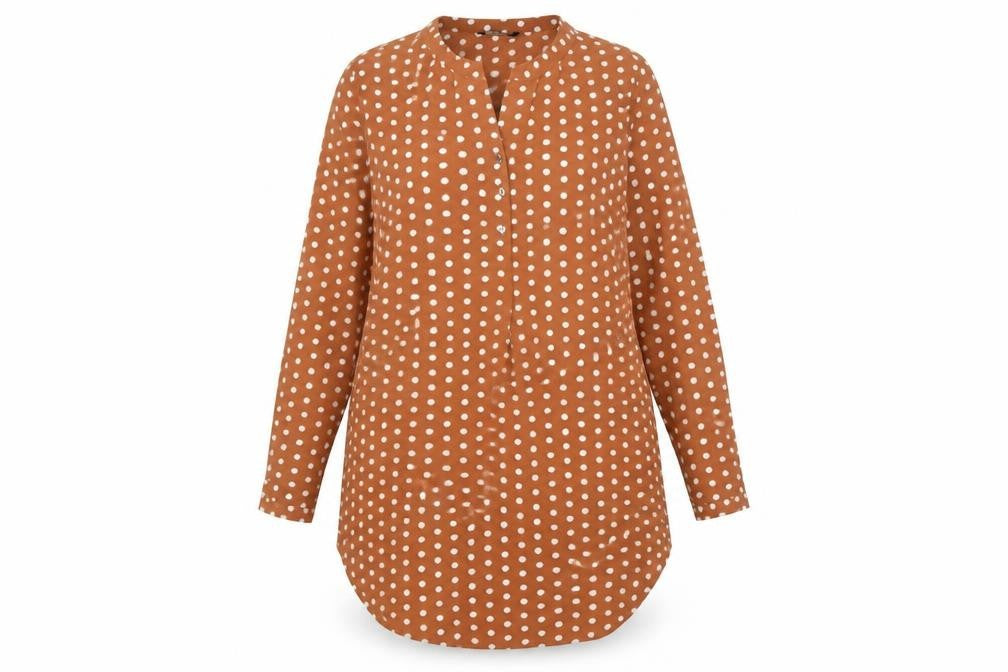 Front view of Only Women's Brown Polka Dot Button-Up Shirt, size 10