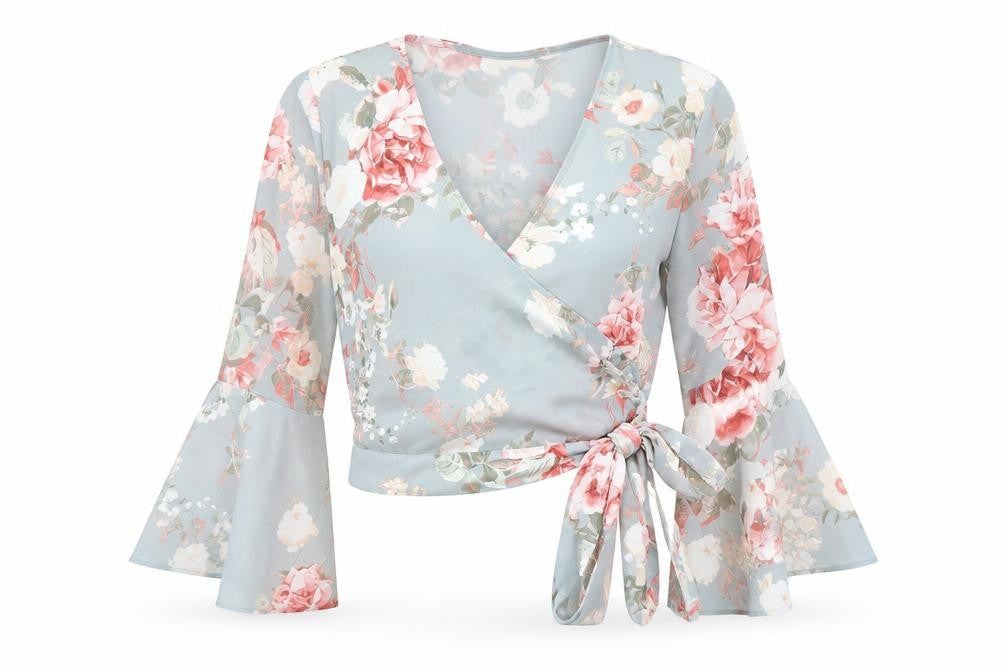 Front view of River Island Women's Floral Wrap Blouse, size 12, Multicoloured