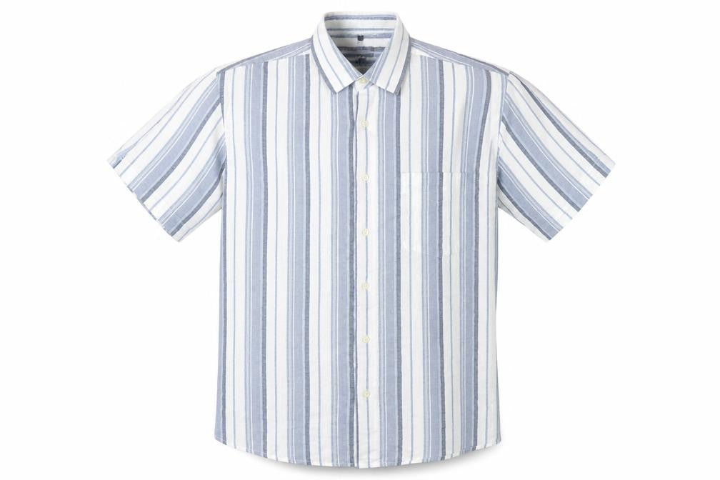 Front view of Le Frog Men's Blue Striped Button-Up Shirt M