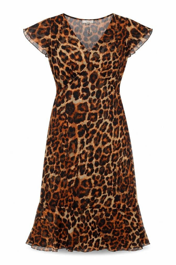 Front view of Brown Leopard Print Midi Dress, size 12, Long, Polyester