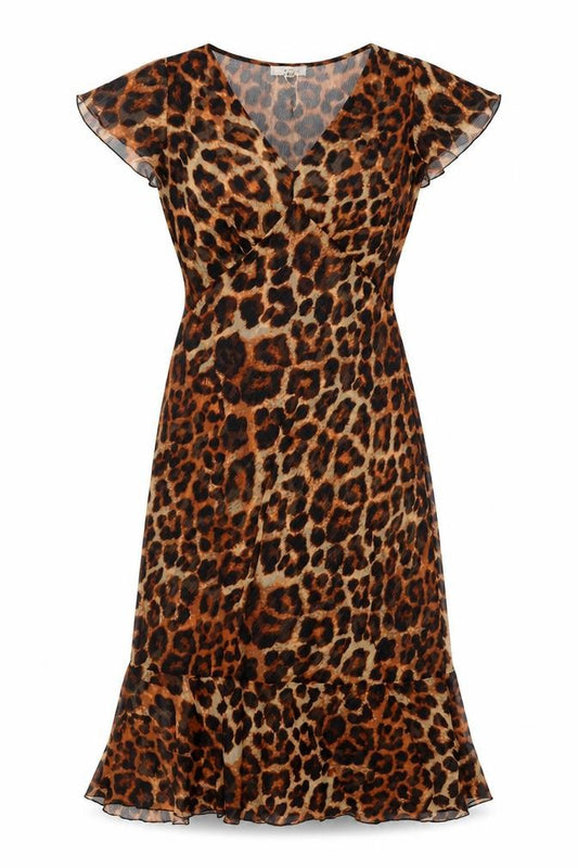 Front view of Brown Leopard Print Midi Dress, size 12, Long, Polyester