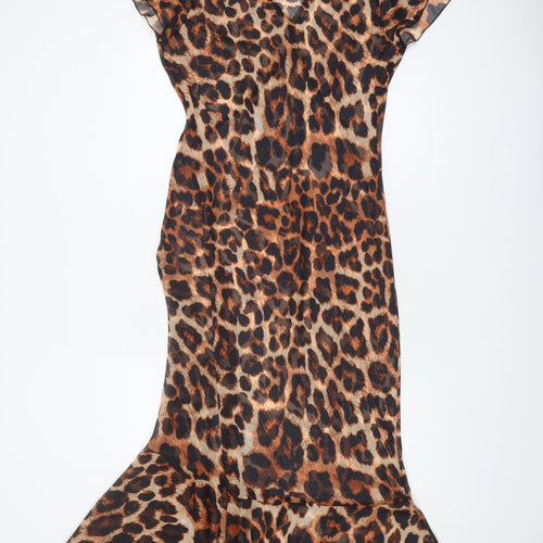 Brown Leopard Print Midi Dress, Size 12 Long, Polyester