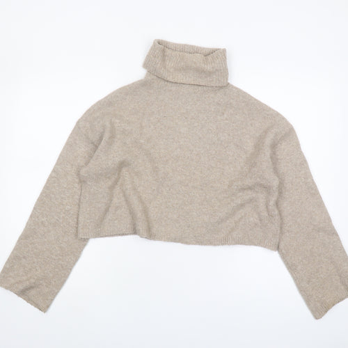 Bershka Women's Beige Cropped Roll Neck Knit Jumper M