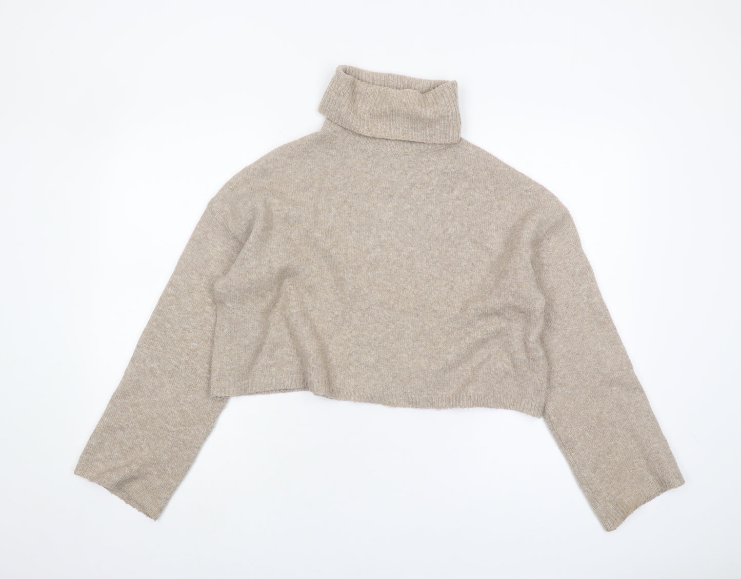 Bershka Women's Beige Cropped Roll Neck Knit Jumper M