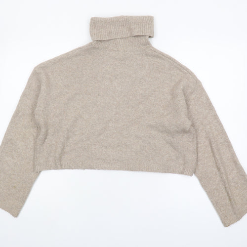Bershka Women's Beige Cropped Roll Neck Knit Jumper M