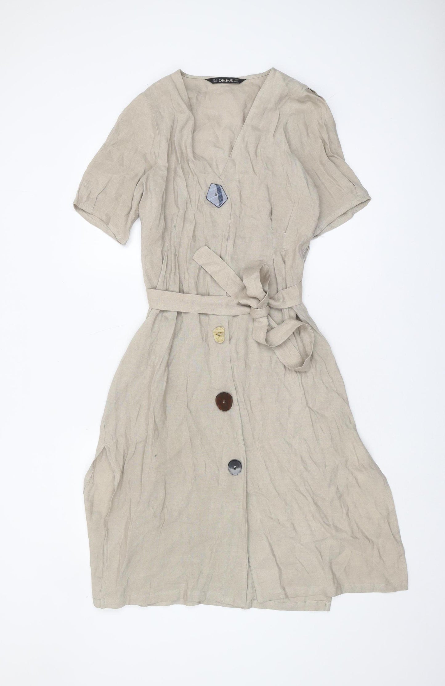 Zara Basic Women’s Beige Short Sleeve V-Neck Dress