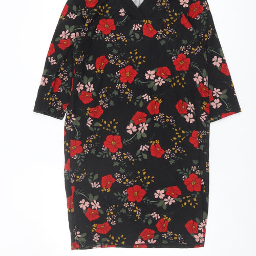 ONLY Women's Black Floral 3/4 Sleeve V-Neck Dress L