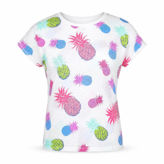 Front view of Quiz Women's Multicoloured Pineapple T-Shirt, size S