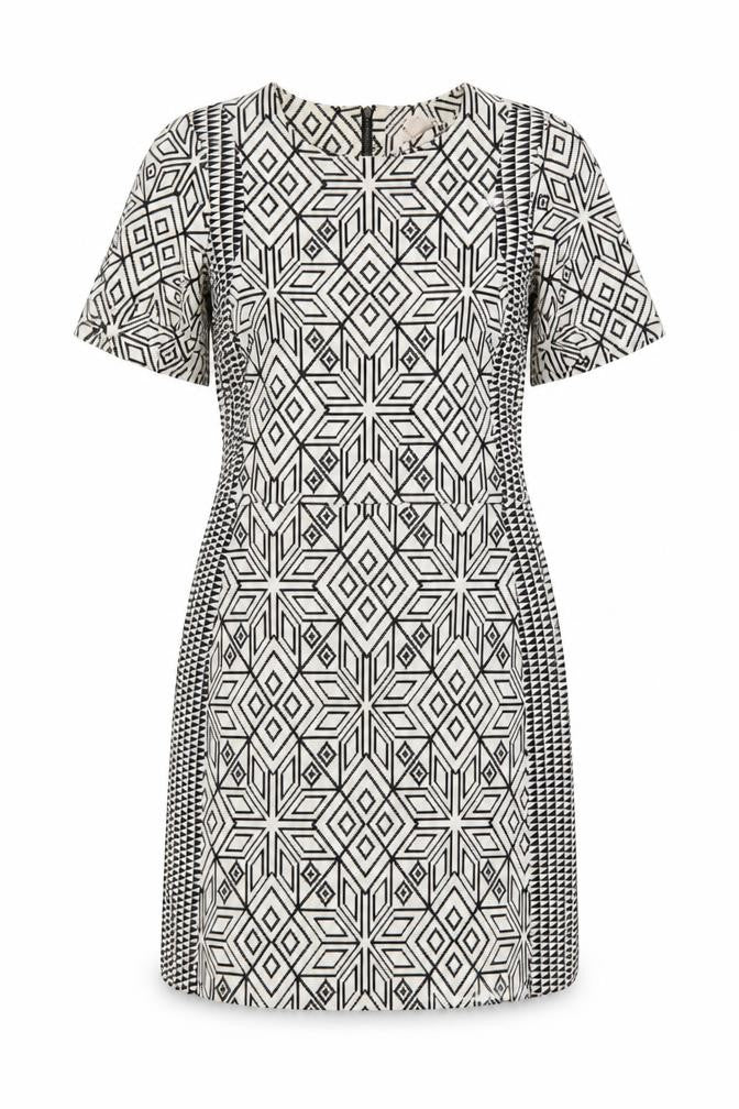 Front view of H&M Women's Geometric Shift Dress, size 14, Black & White