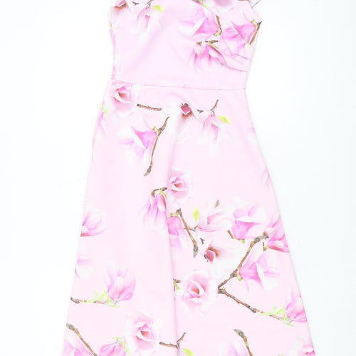 Quiz Women's Pink Floral A-Line Midi Dress Size 8