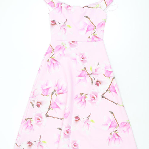 Quiz Women's Pink Floral A-Line Midi Dress Size 8