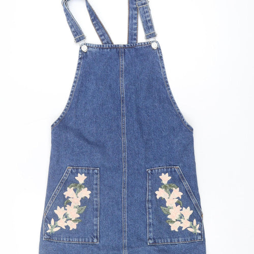 Topshop Women's Blue Denim Floral Pinafore Dress Size 6