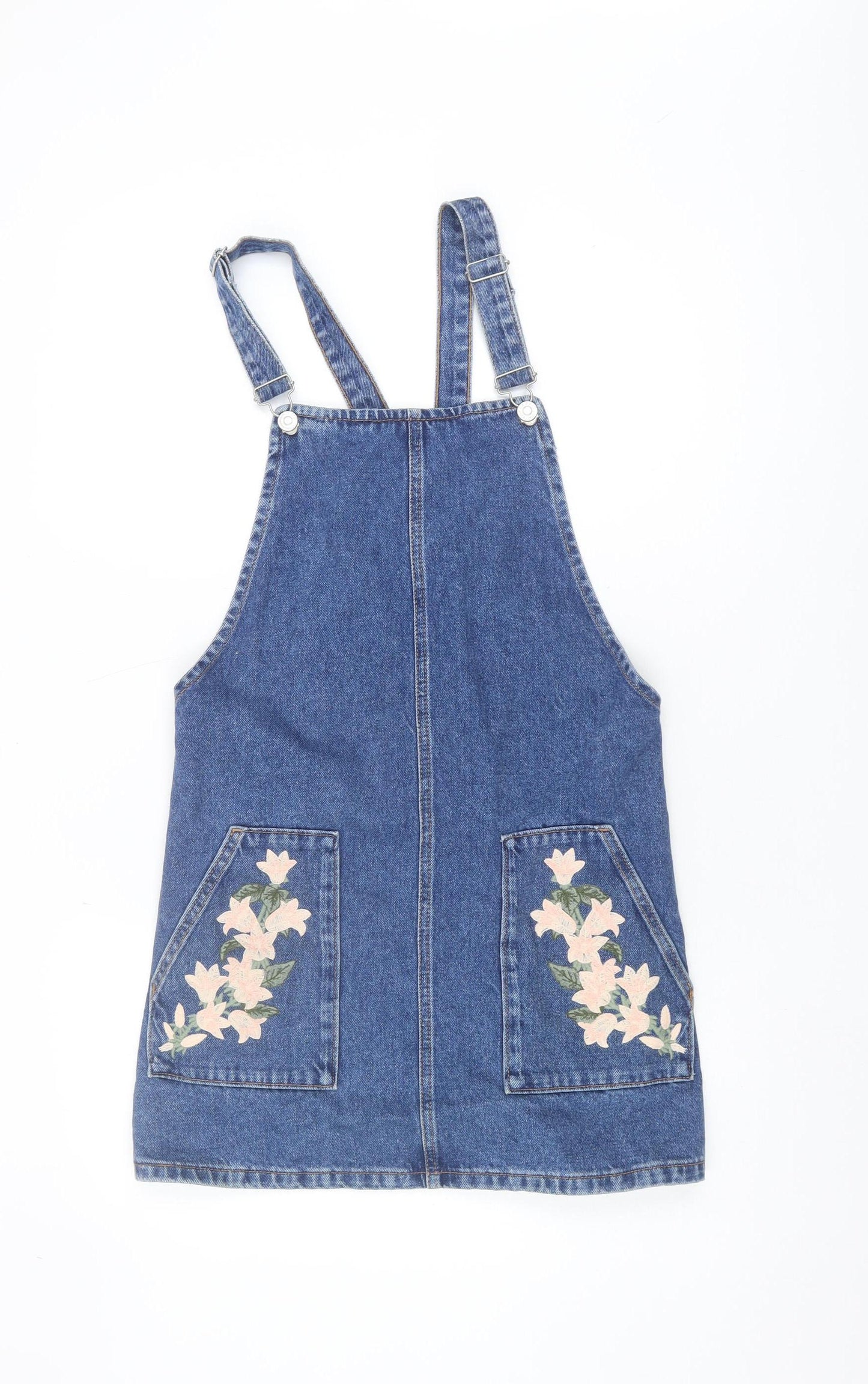 Topshop Women's Blue Denim Floral Pinafore Dress Size 6