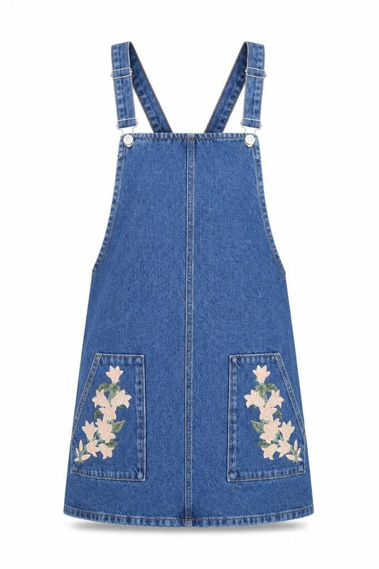 Front view of Topshop Women's Blue Denim Floral Pinafore Dress, size 6