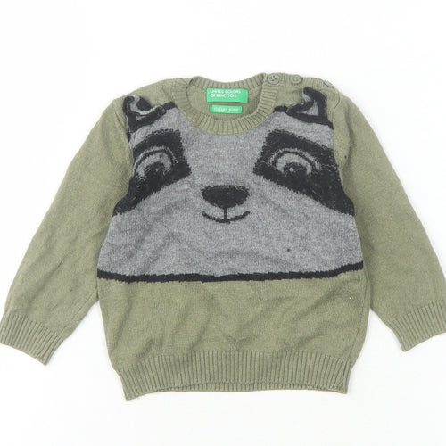 Benetton Unisex Baby Green Animal Jumper 6-9 Months Acrylic Blend