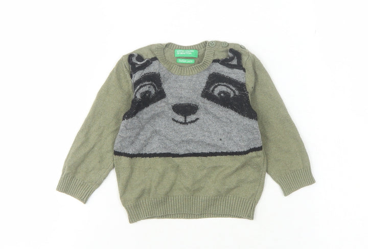 Benetton Unisex Baby Green Animal Jumper 6-9 Months Acrylic Blend
