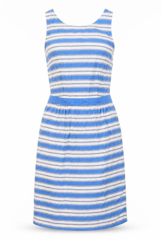 Front view of Boden Women Blue Striped Sleeveless Dress, size 10