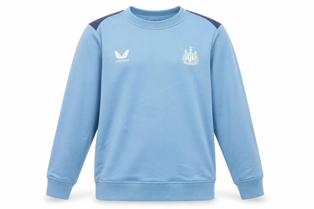 Front view of Castore boys’ blue pullover sweatshirt 14 years, football logo