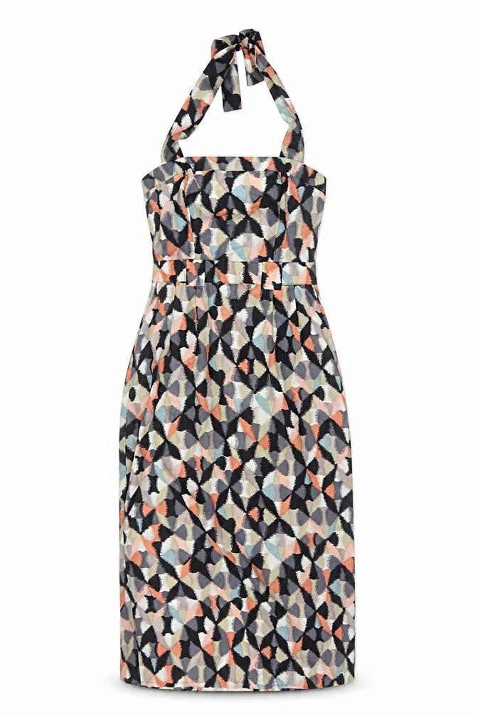 Front view of Warehouse Women's Multicoloured Geometric Dress, size 10