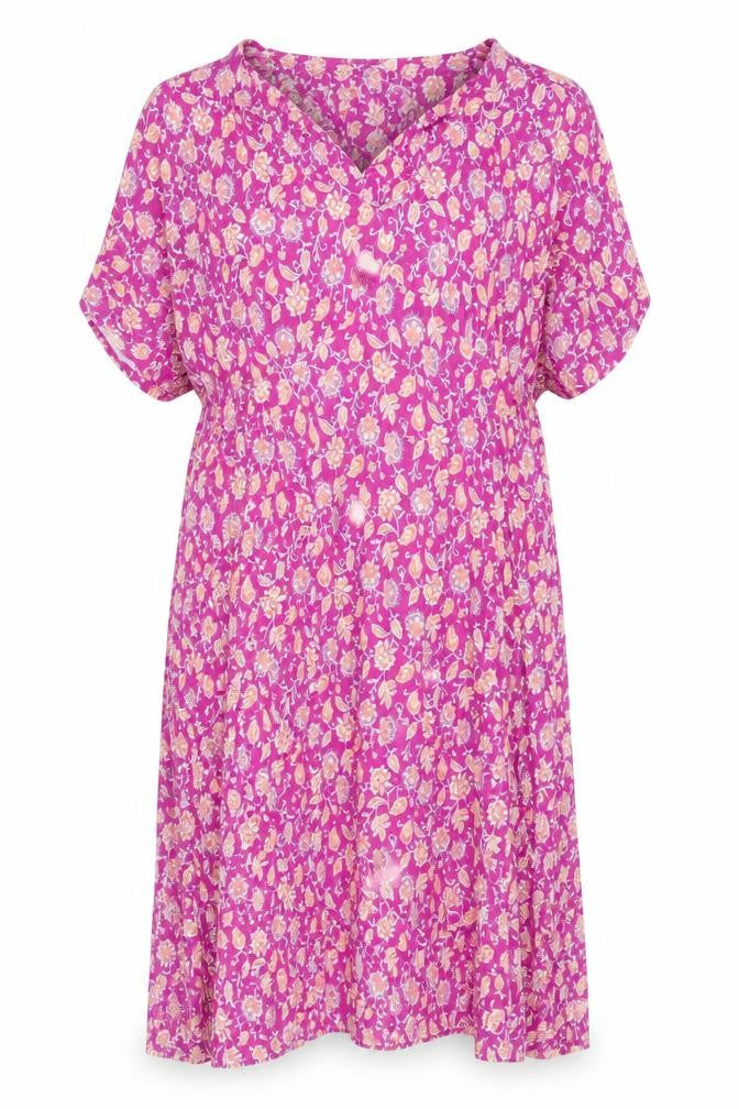 Front view of Woolovers Women's Pink Floral Shift Dress, size L