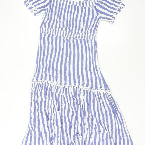 Warehouse Women Blue Striped Off Shoulder Midi Dress 12