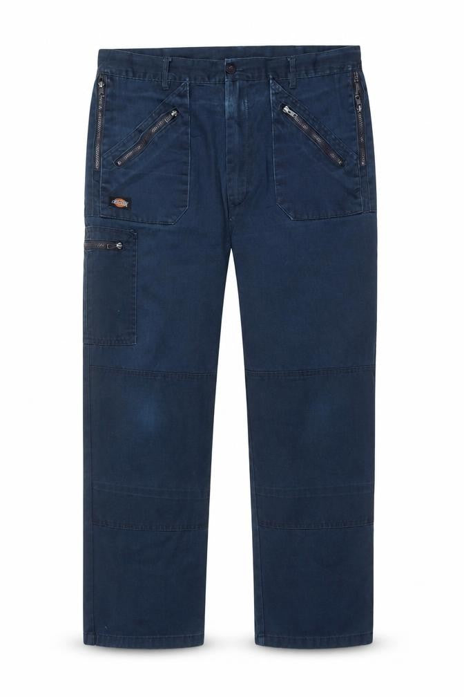 Front view of Dickies Men's Blue Cargo Trousers, Zip Accents 40S